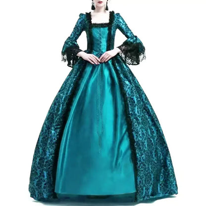 Medieval Victorian Court Lace Patchwork Gothic Halloween Witch Cosplay Party Costume Square Neck Flare Sleeve Maxi Dress