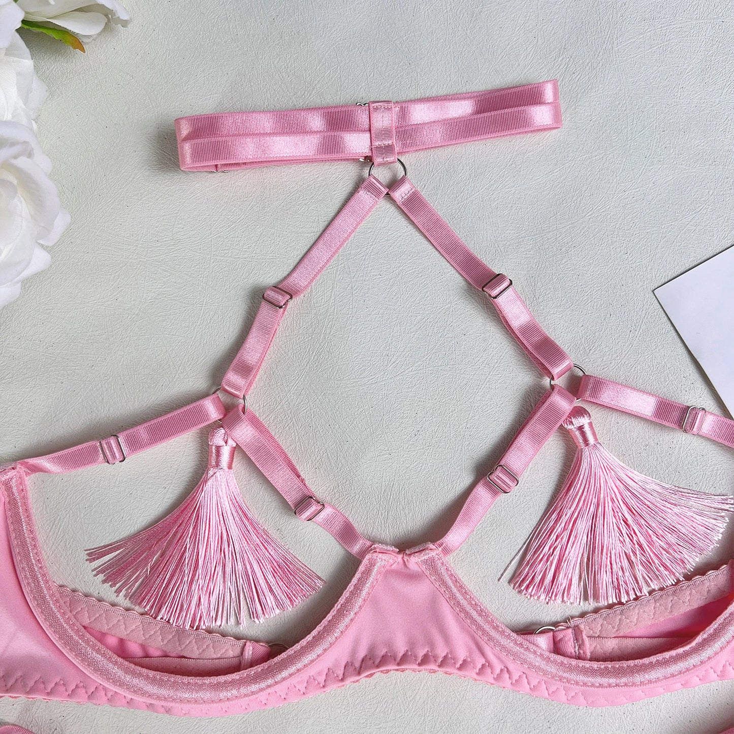 4 Piece Tassel Lingerie Bra Intimate Panties Outfit Sets