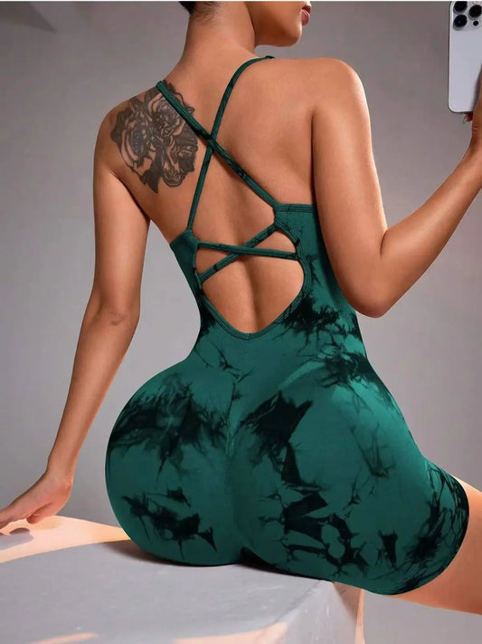 Tie Dye Yoga Bodysuit for Women - Seamless Strappy Dance Leotard High Cut Workout Unitard for Gym Fitness Jumpsuit