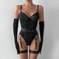 Tight Fitting Lace Bodysuit With Gloves Garter Night Club Outfit Mesh Top Lingerie Set