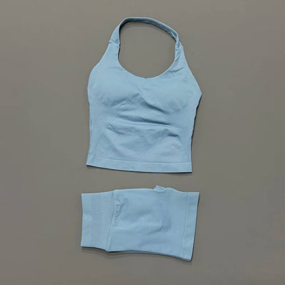 2 Piece Sports Halter Top Strappy Bra Shorts Matching Set Seamless Yoga Gym Running Fitness Shorts Suit