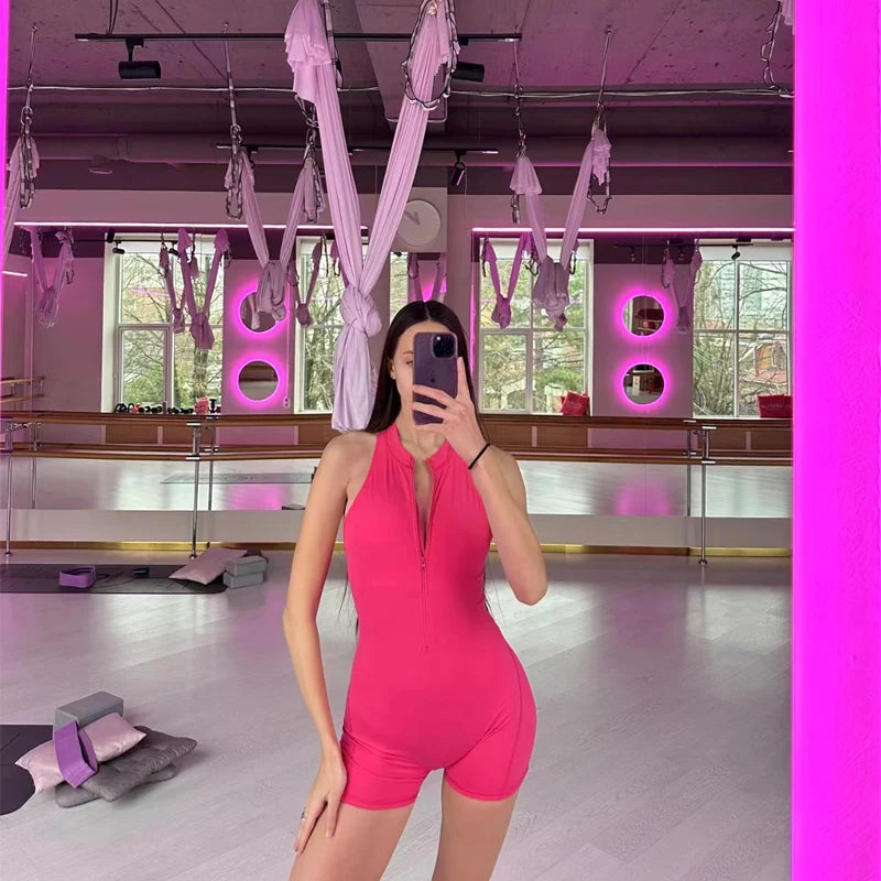 V Cut Zip Up Rompers Yoga Sets Racerback Jumpsuit Women Fitness Gym Clothing Workout Open Back Sports Suit