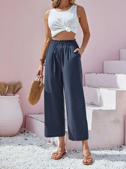 Women's Cotton Linen Loose Wide Leg Pants Summer Female High Elastic Waist Button Casual Streetwear Trousers The Clothing Company Sydney