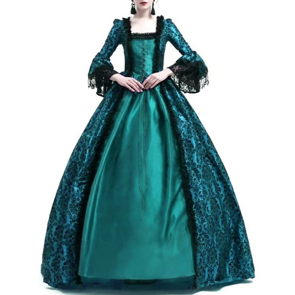 Medieval Victorian Court Lace Patchwork Gothic Halloween Witch Cosplay Party Costume Square Neck Flare Sleeve Maxi Dress