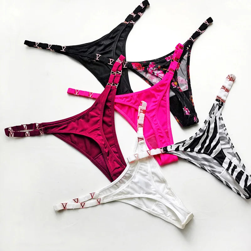 Seamless Thong Women Underwear Briefs Panties Zebra Flower Low Rise Metal Buckle G String Bikini Panty