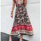 Short Sleeves V Neck Vintage Floral Boho Printed Slit Midi Dresses A Line Bohemian Summer Beach Dress