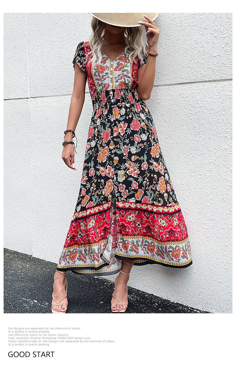 Short Sleeves V Neck Vintage Floral Boho Printed Slit Midi Dresses A Line Bohemian Summer Beach Dress