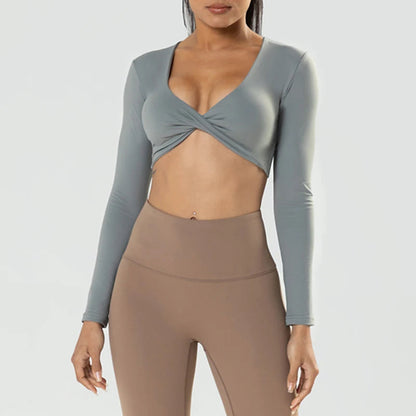 Long Sleeve Gym Crop Tops for Women Twist Deep V Workout Crop T Shirt Top Quick Dry Padded Sports Fitness Yoga Top The Clothing Company Sydney