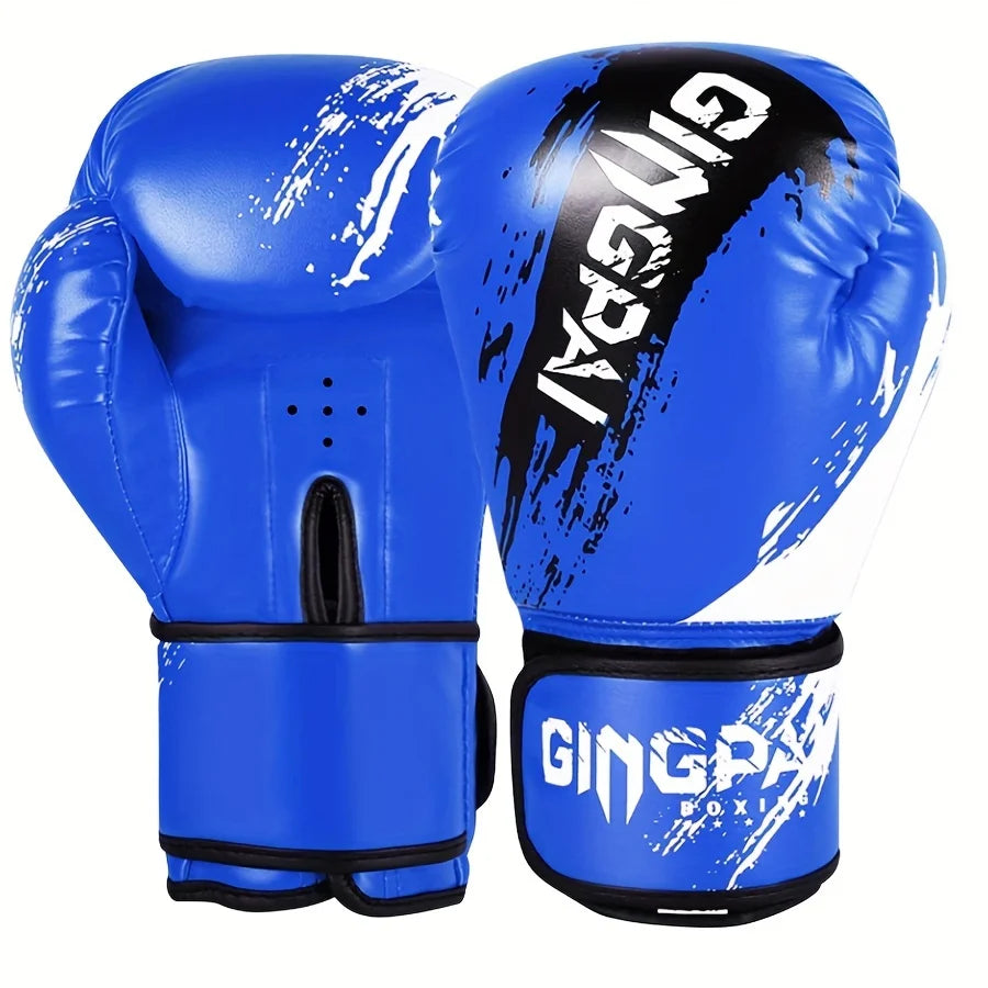Black, red and blue adult and kid boxing Muay Thai gloves with adjustable wrist straps for training and sparring