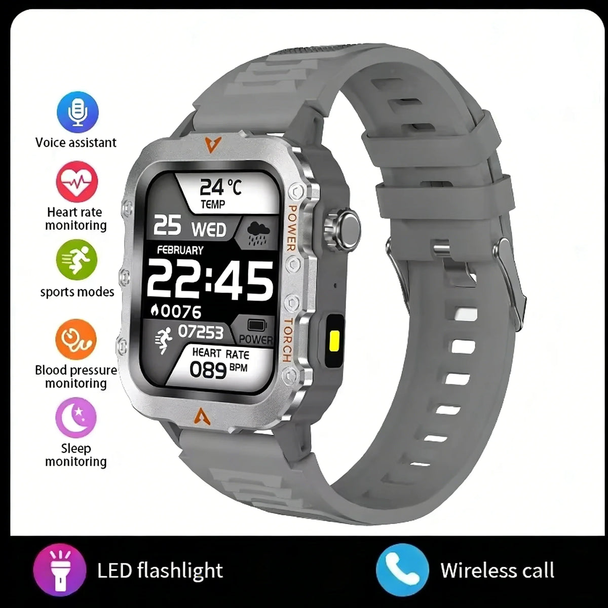 Men's LED smart watch by The Clothing Company Sydney with Bluetooth, voice control, multi-sport modes, and health monitoring features.