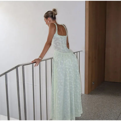 Flower Printed Slim A-line Sling Green Square Neck High Split Long Elegant Chic Evening Dress - The Clothing Company Sydney