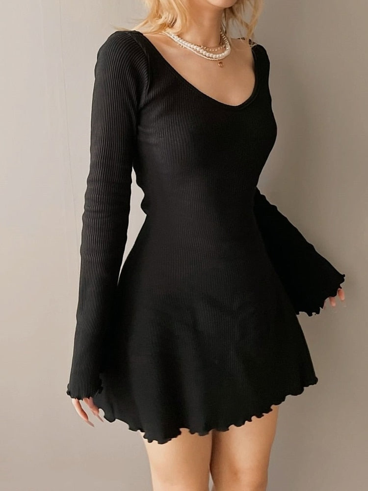 Casual Frill Long Sleeve Black Female Dress Slim Spring Autumn Mini Dresses Basic Fashion Elegant Outfit The Clothing Company Sydney