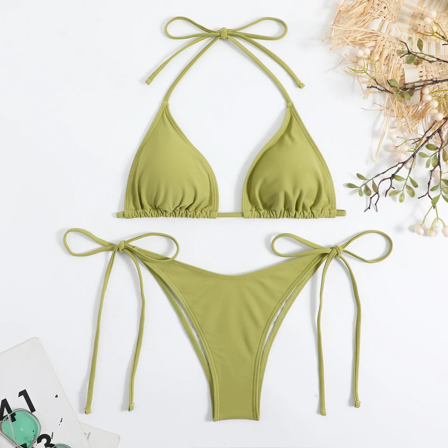 Women's Thong Solid Color Bikini Set Side Halter Tie Swimsuit Ladies Split Strap Adjustable Brazilian Swimwear Beachwear The Clothing Company Sydney