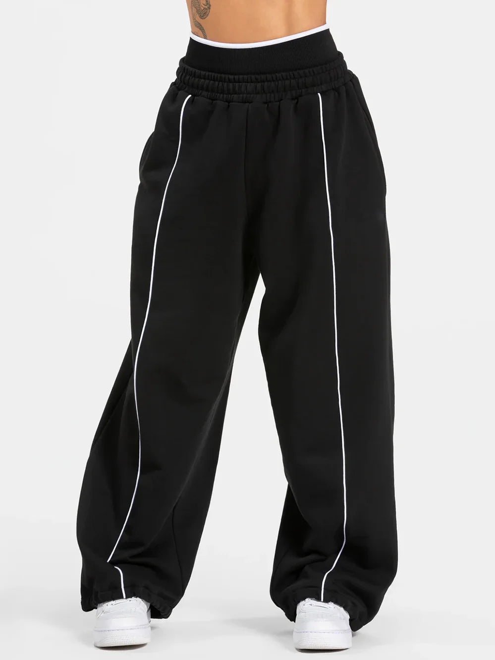 Women's Contrast line Wide Leg Joggers Running Trouser Cotton Mid Waist Casual Loose Sports Yoga Pants With Back Pocket Gymwear The Clothing Company Sydney