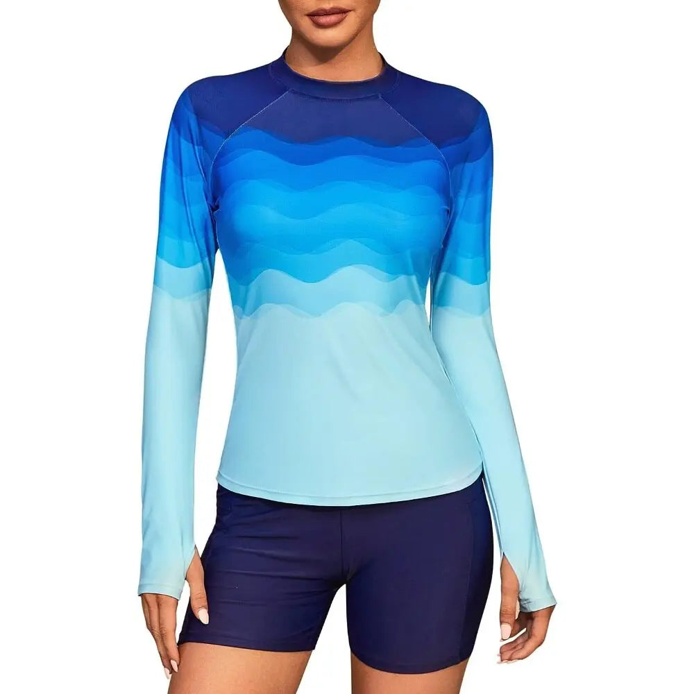 Women Rashguard Long Sleeves Printed Crew Neck with Thumb Holes Surfing Shirt UPF 50+ Swimsuit Top The Clothing Company Sydney