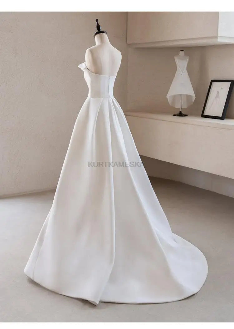 Luxury White Satin Trailing Wedding Dresses Women Elegant Strapless Long Prom Party Bridal Dress