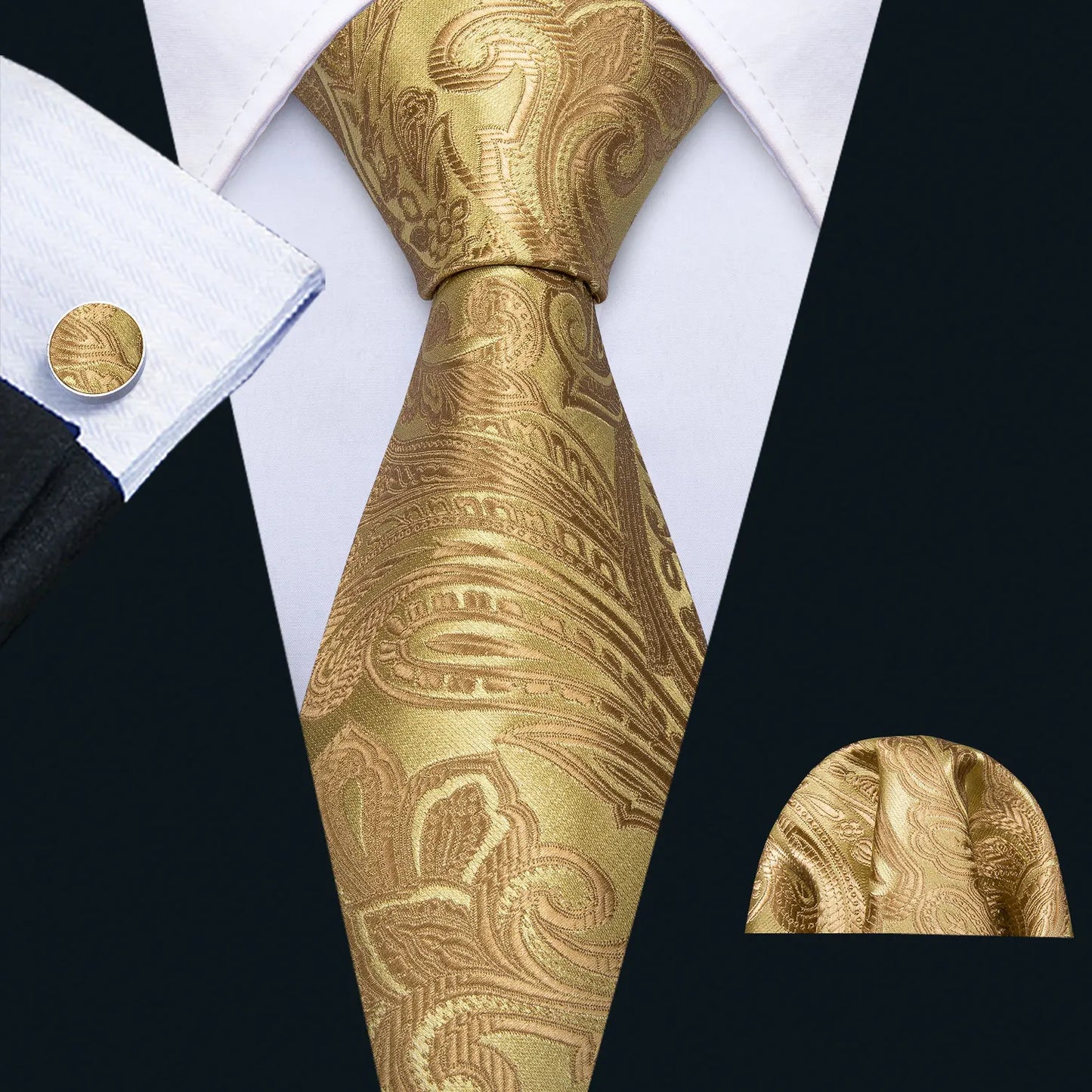 Elegant Men's Gold Leaves Floral Silk Neck Tie Pocket Square Cufflinks Wedding Business Party Gift Set The Clothing Company Sydney