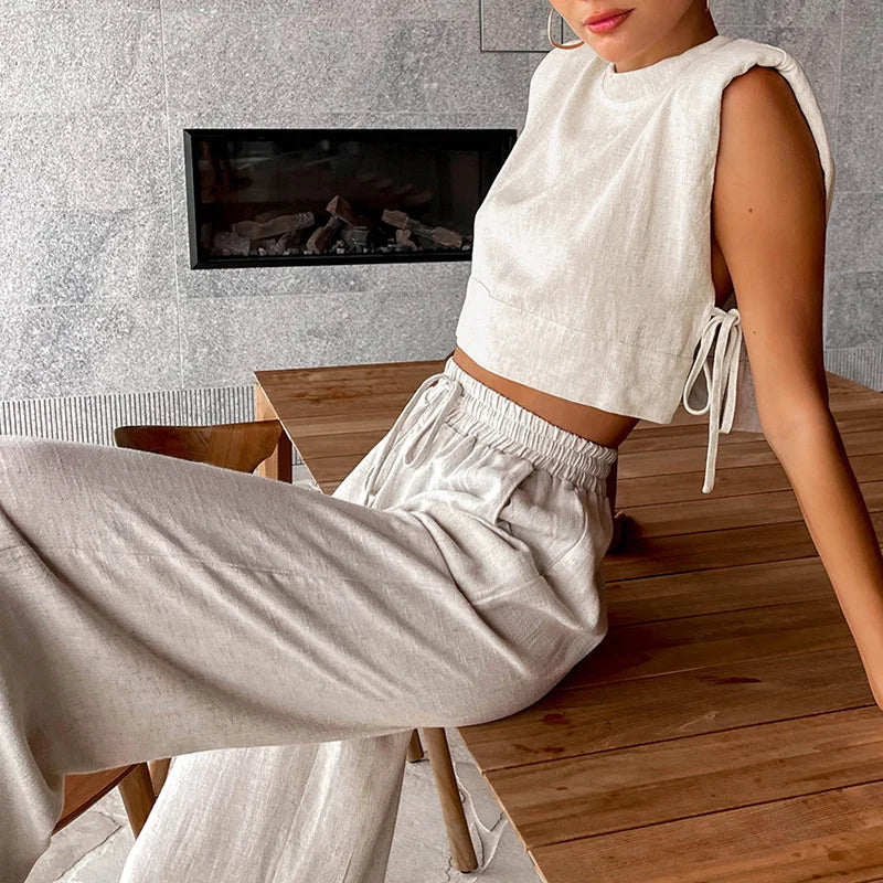 Spring Summer Holiday Linen Pant Set Crop Tops Solid Outfits 2 Two Piece Matching Outfit Set For Women The Clothing Company Sydney