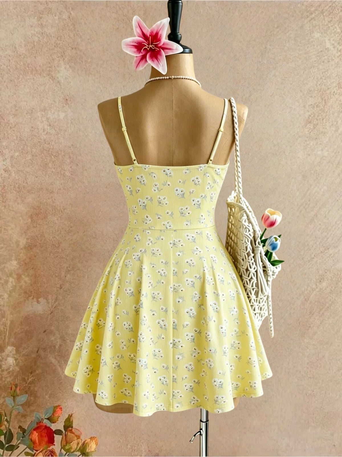 Women Thin Spaghetti Strap Floral Front Tie Ribbed Mini Skater Summer Y2K Dress