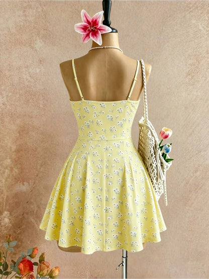 Women Thin Spaghetti Strap Floral Front Tie Ribbed Mini Skater Summer Y2K Dress