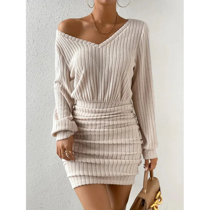 Women's Autumn Winter Knitted Sweater Mini Dress Female Casual Solid Wrap V-neck Long Sleeve Warm Bodycon Short Dress The Clothing Company Sydney