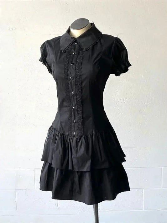 Summer Chic Vintage Black Short Sleeve Halloween High Street Y2k Patchwork Slim Lapel Gothic Dress The Clothing Company Sydney