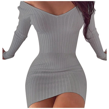 Slim Knitted Solid Color V Neck Long Sleeve Stretchy Short Bodycon Dress Autumn Winter Casual Short Dress The Clothing Company Sydney