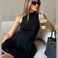 Women's Knitted O-neck Mini Dress Elegant Sleeveless High Waist Pleated Dresses