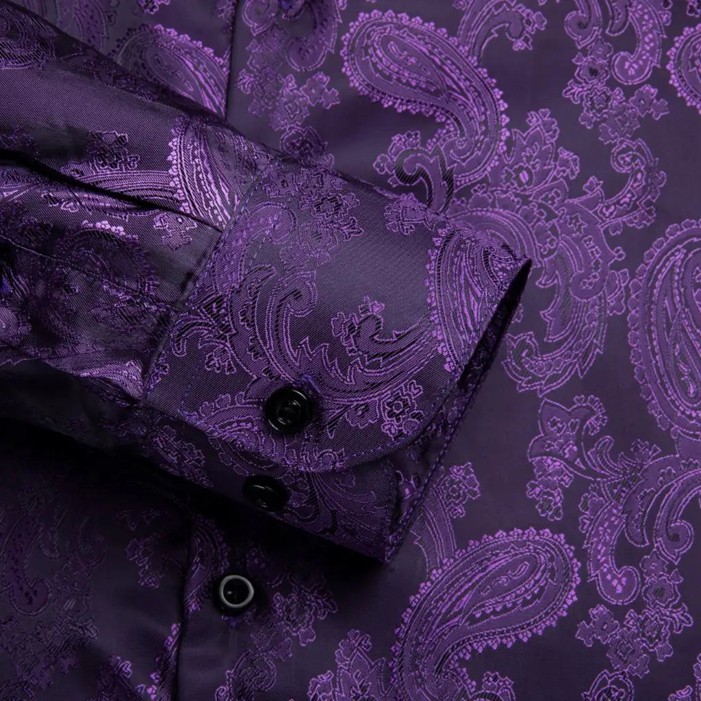 Lilac Mauve Lavender Purple Silk Mens Shirts Luxury Lapel Long Sleeve Dress Shirt