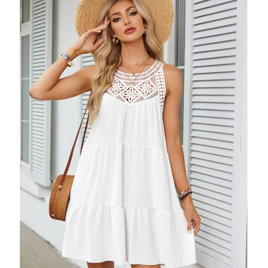 Hollow Lace Patchwork Halter Neck Women A Line Dress Summer Casual Solid Color Loose Beach Holiday Sundress The Clothing Company Sydney