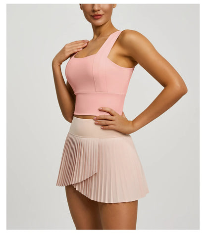 2 Piece Fitness Matching Set Women's Gym Sports Bra Sleeveless Crop Top+ Skirts Tennis Skorts Running Tracksuit Workout Sportswear