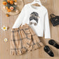 2 Piece Kids Girls Figure Print Long-sleeve Tee and Plaid Ruffled Wrap Skirt Set The Clothing Company Sydney