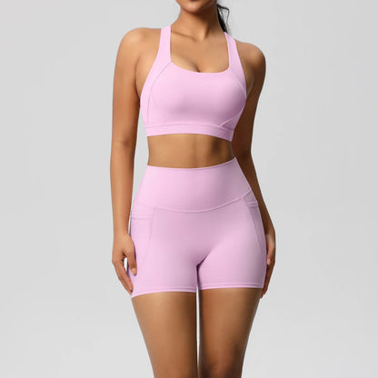 2 Piece Sportswear Pocketed Yoga Set Gym Clothes Yoga Suits Womens Sports Shorts Crossover Bra Gym Leggings Bike Shorts Set The Clothing Company Sydney