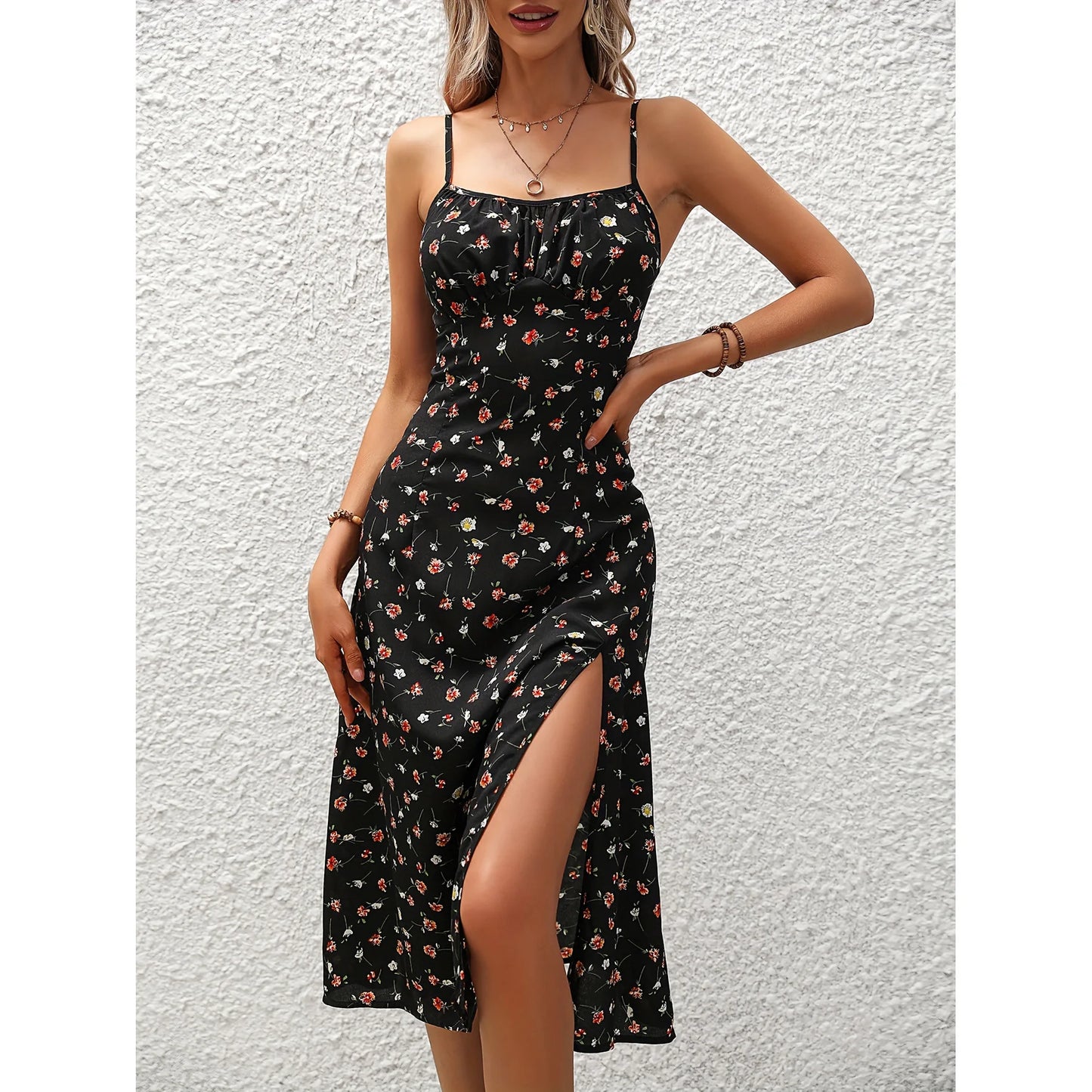 Summer Polka Dot Printed Women's Elegant Square Neck Sleeveless Chiffon Long Beach Dress