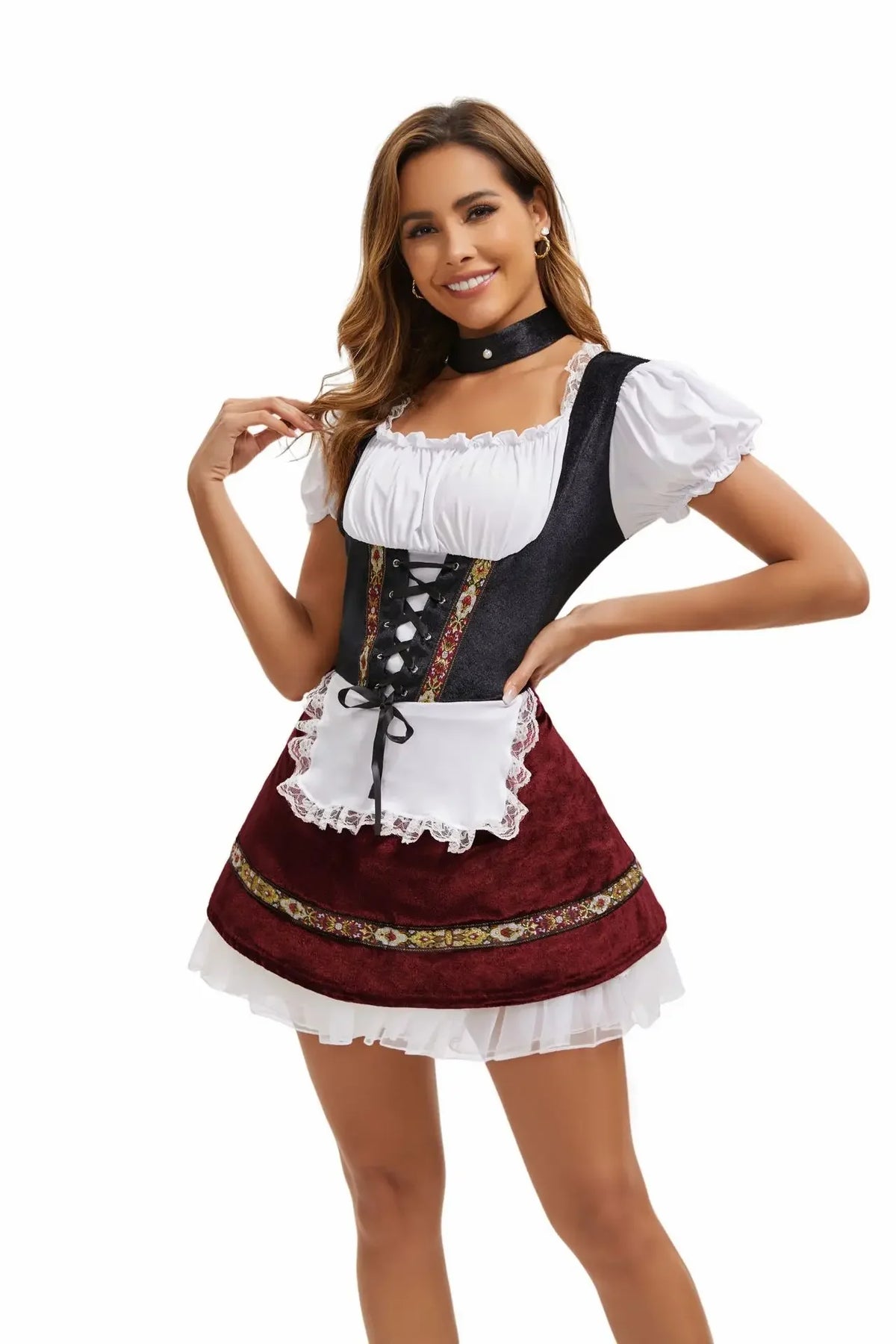 Women's Elegant Ruffled Lace Up Maid Cosplay Costume Oktoberfest Bavarian Dirndl Vintage Festival Dress