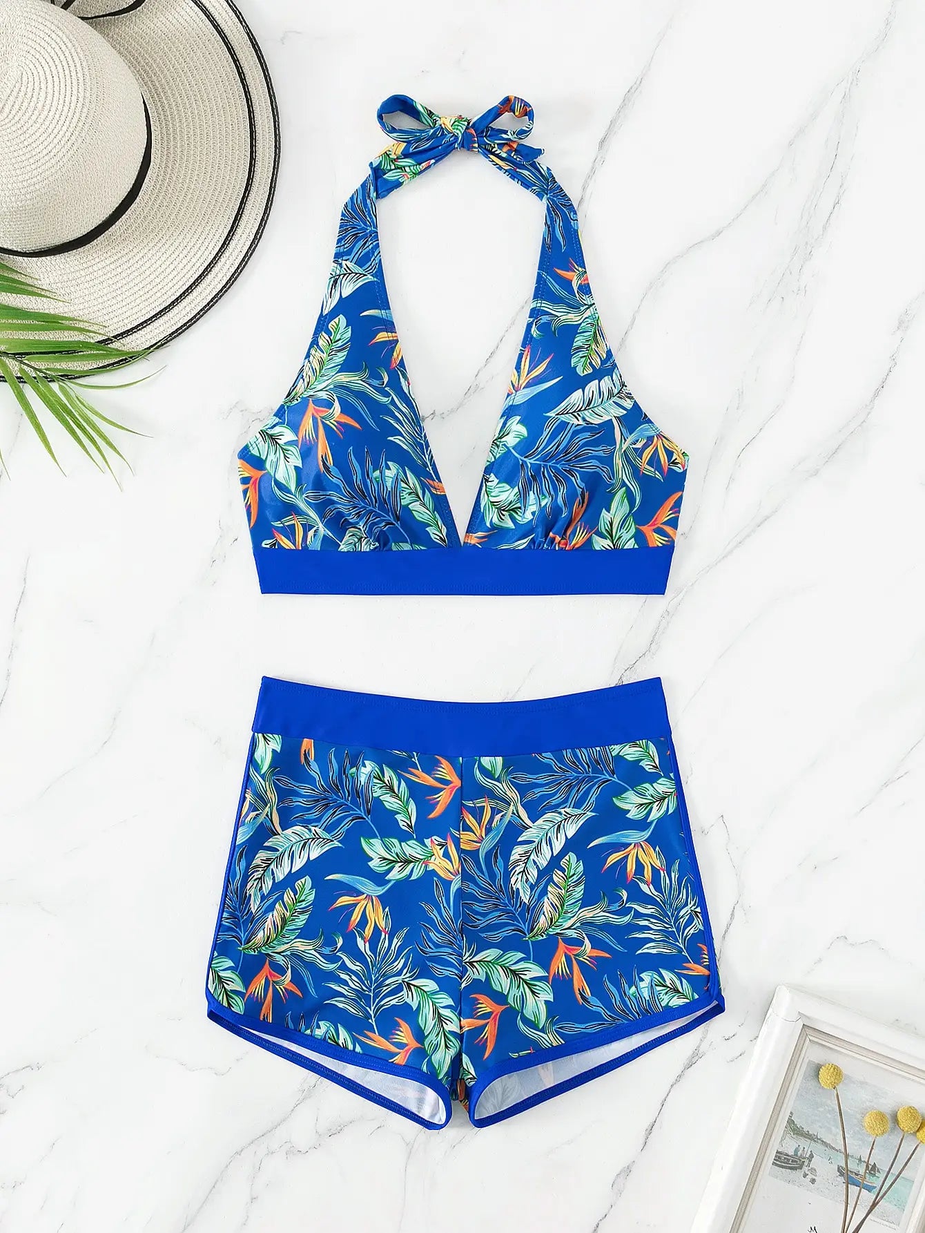 2 Piece Halter Bikini Set Shorts Swimsuit High Waist Swimwear Female Printed Bathers Swimming Bathing Swim Suit Beachwear