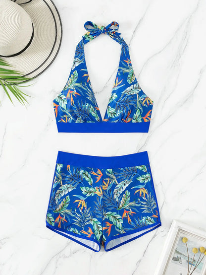 2 Piece Halter Bikini Set Shorts Swimsuit High Waist Swimwear Female Printed Bathers Swimming Bathing Swim Suit Beachwear