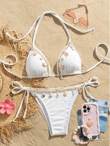 Shell Decoration Ribbed Bikini Women Swimwear Swimsuit Two-pieces Bikini Set Halter Strappy Bather Bathing Suit The Clothing Company Sydney