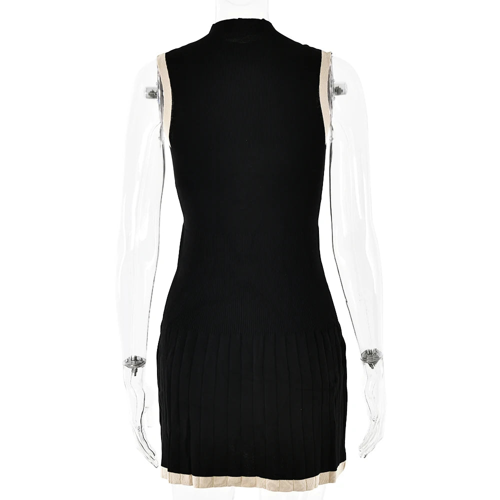 Knitted Round Neck Pleated Women's White Sleeveless High Waist Summer Casual Sporty Dress The Clothing Company Sydney