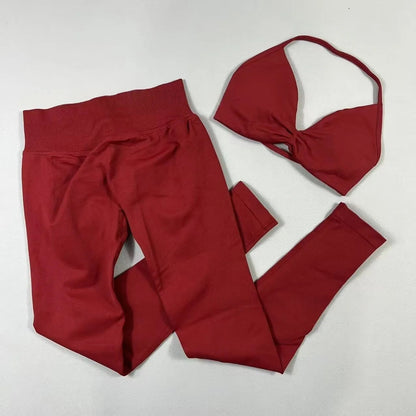 Women's seamless yoga set with halter neck sports bra and high-waisted lifting leggings The Clothing Company Sydney