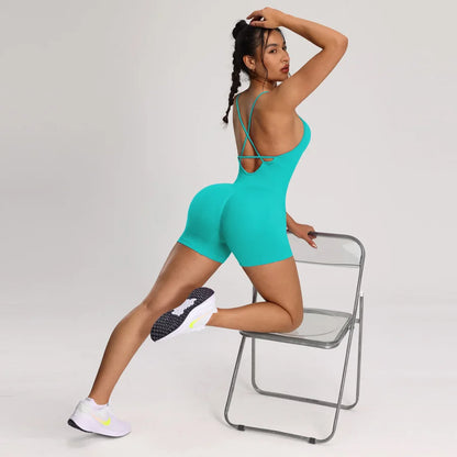 One Piece Backless Women's Bodysuit Yoga Combi-pants Shorts Jumpsuits Gym-to-Street Overalls Summer Fitness Jumpsuit Romper