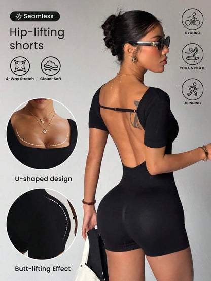 Short Sleeved Yoga Jumpsuit with Hollowed-Out Back Casual Fitness Pant One-Piece Quick-Drying Playsuit The Clothing Company Sydney