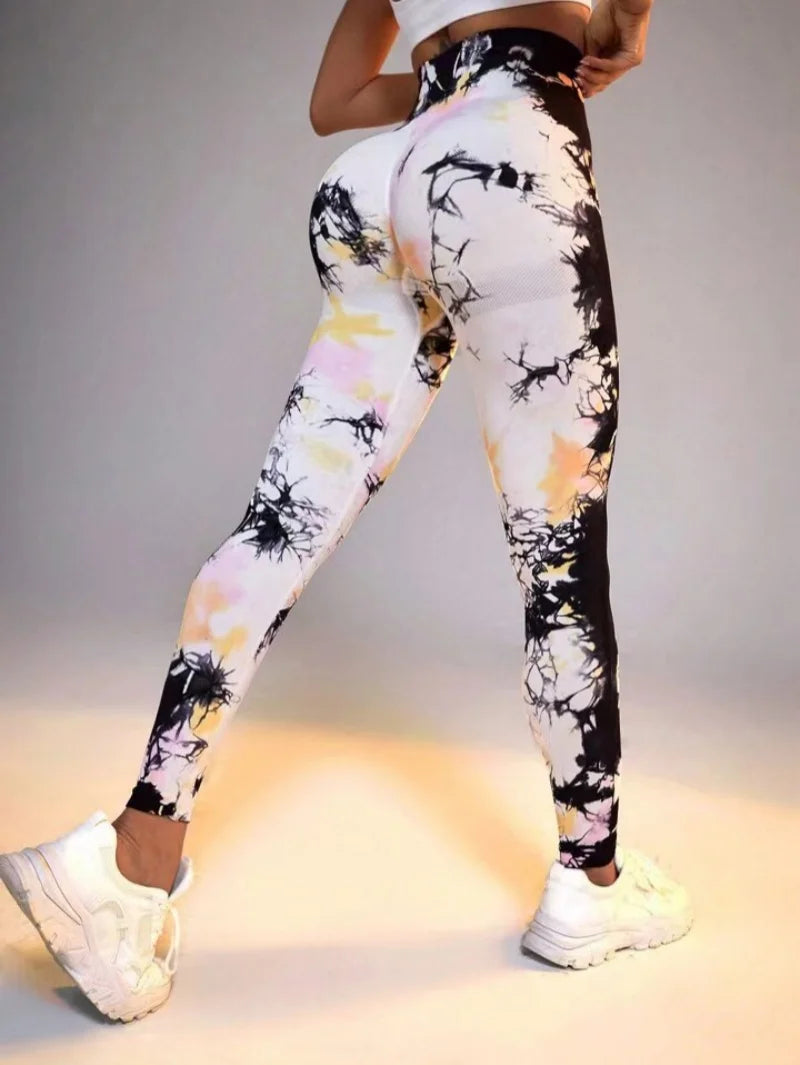 Women's 3D Print Tie Dye Sports Seamless High Waist Fitness Push Up Leggings Gym Clothing Workout Tights Pants