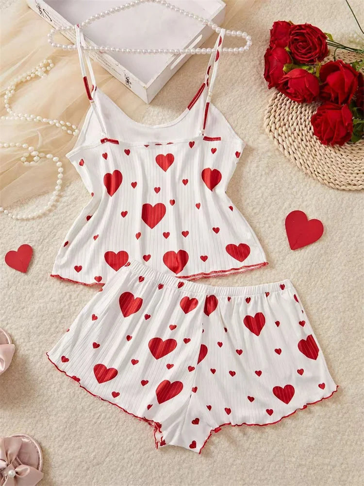 2 Piece Women's Pajamas Set Straps Sleepwear Vest Shorts set Red Heart Print Nightwear Lingerie The Clothing Company Sydney