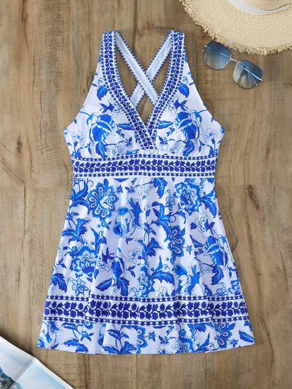 Summer Two Piece Swimsuit Vintage Floral Print Swimwear Female Tankini Sets Deep V Beach Wear Women Swimming Bathing Suit - The Clothing Company Sydney