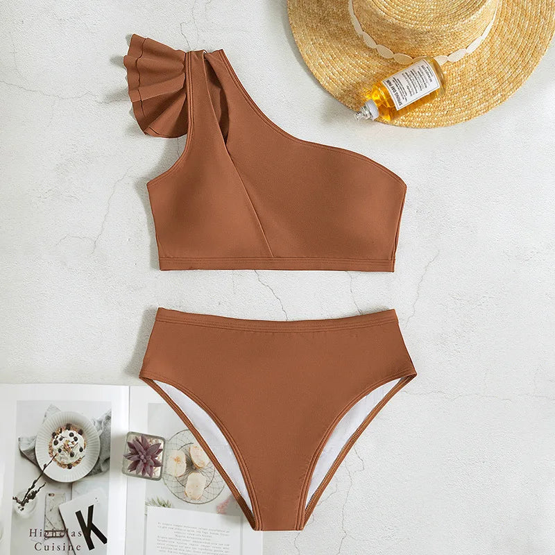 One Shoulder Women Ruffle Swimsuit Solid High Waist Swimwear Padded Bathers Bathing Swimming Suit Beachwear The Clothing Company Sydney