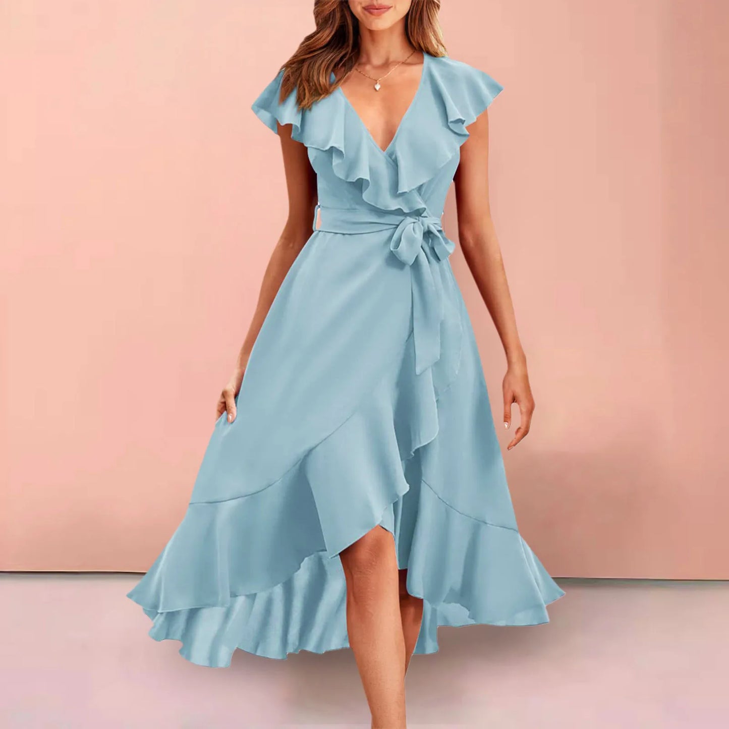 Women's Boho Dress Ruffled Deep V Neck Irregular Long Dress Belted Short Sleeve Wrapped Double Layer Casual Beach Sundress The Clothing Company Sydney