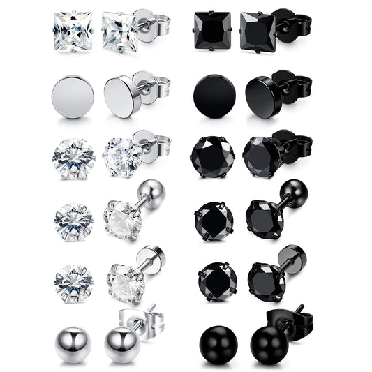 3-8mm Small Black Silver Colour Earrings Stone CZ Crystal Ear Studs Surgical Steel Cubic Unisex Accessories