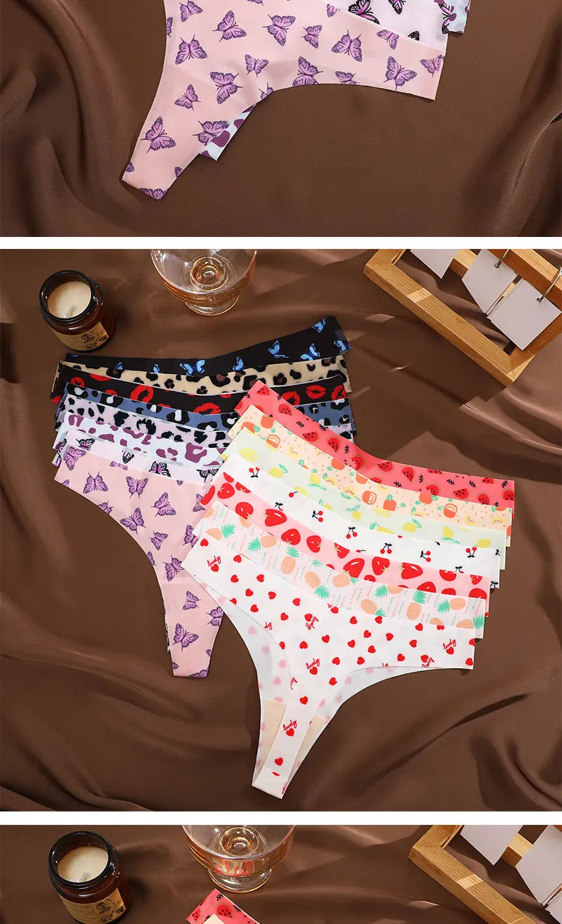 7 Pack Ice Silk G-String Thong Women One Piece Seamless Panties Low Waist Print Underwear Lingerie