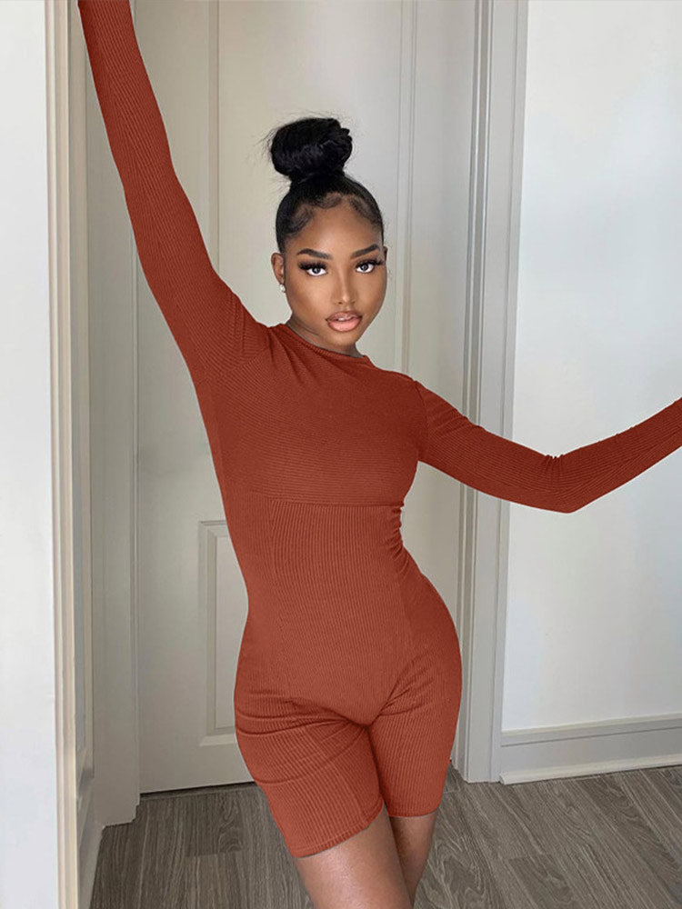 Casual Women's Knitted Bodycon Jumpsuit Fashion Long Sleeve Short Sport One-piece Suit Spring Back Zipper Yoga Playsuit The Clothing Company Sydney